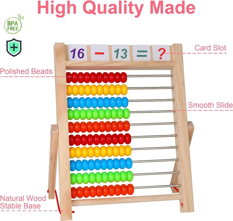 Preschool Math Learning Toy,10-Row Wooden Frame Abacus with Multi-Color Beads, Counting Sticks, Number Alphabet Cards, Gift for  3 4 5 6 Years Old Toddlers Boys Girls