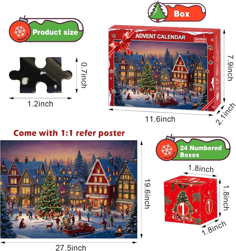 Puzzle Advent Calendar 2024, 24 Days of Christmas Countdown, 1008 Pieces, Red