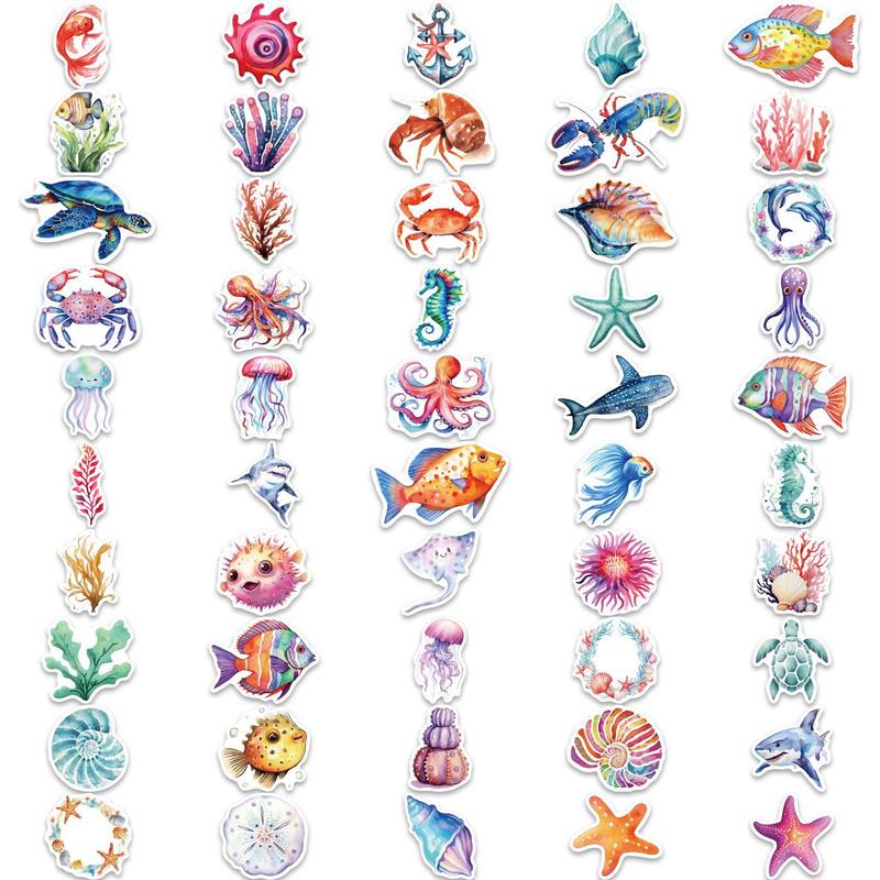 Sea Life Pattern Sticker (100pcs set), Watercolor Marine Life Decorative Sticker, Cartoon Sticker for Phone Case, Notebook, Handbook, DIY Decorative Sticker