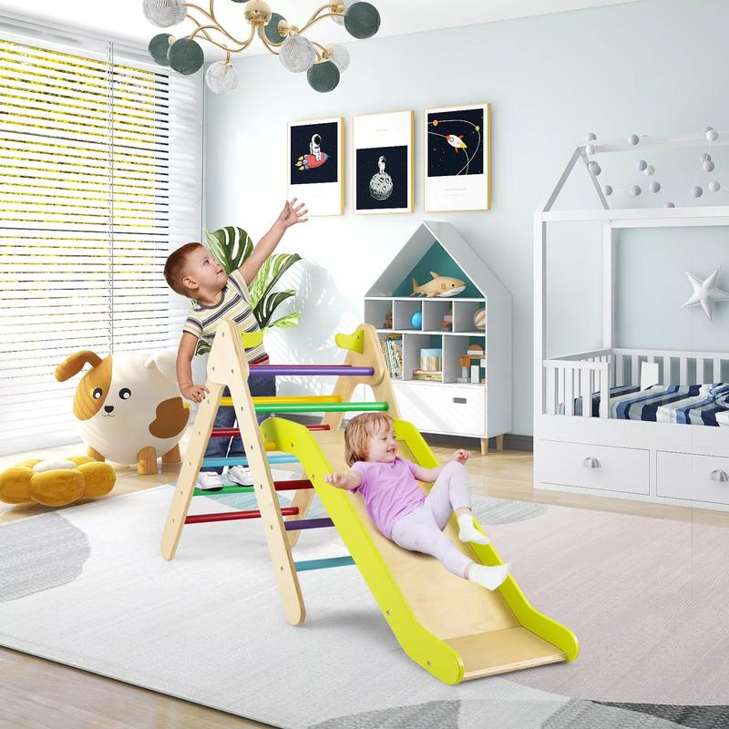 Kids Triangle Climber with Slide, 2-in-1 Wooden Climber Set with Safety Handrail, Height Adjustable Ladder for Climbing & Sliding, Indoor & Outdoor Playground Climber Ladder Set for Boys & Girls