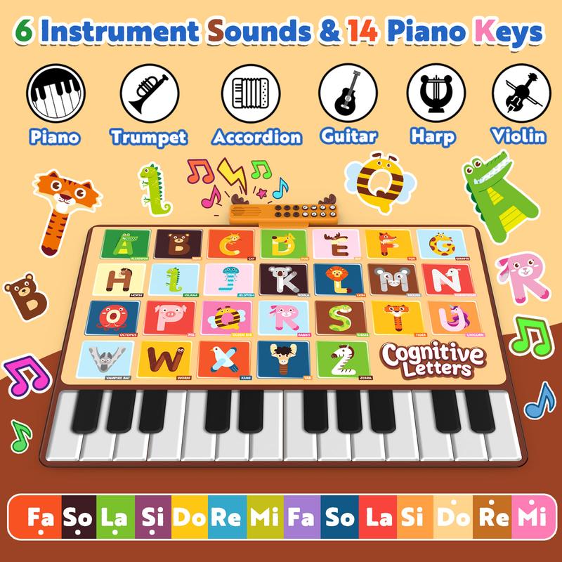 Bluejay Baby Piano Mat, Musical Keyboard Learning Toys with 26 Letters, Electronic Music Animal Touch Play Mat Toddler Toys Gifts for Boys and Girls 1 2 3 Year Old