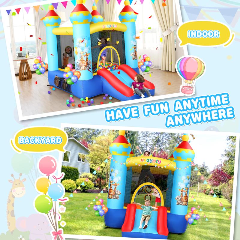 AKEYDIY Bounce House, Outdoor Indoor Fun Bouncy House with Blower, Tropical Jungle Animals Party Bouncer Slide & Jumping Area, Ball Toss Game, Backyard Inflatable Bounce House Gift for Kids 4-8