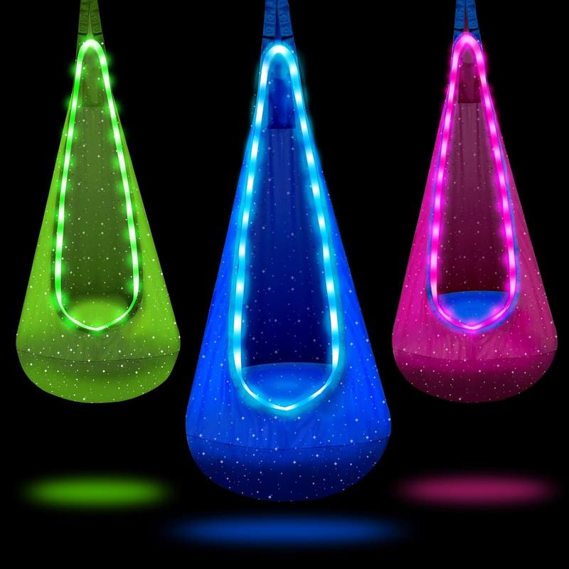 Light Up Kids Pod Swing Seat, Kids Hanging Hammock Swing Chair with LED Lights & Inflatable Pillow, Sensory Swing Pod Swing for Kids