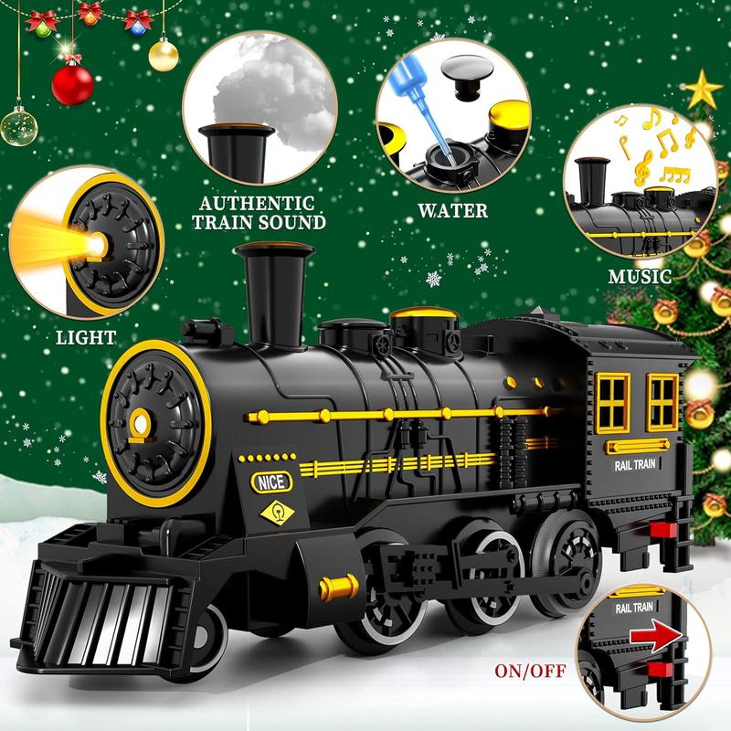 Christmas Gifts Retro Classic Locomotive Engine, Cargo Car and Long Track,Rechargeable Battery Operated Play Train Toys with Smoke, Light&Sounds