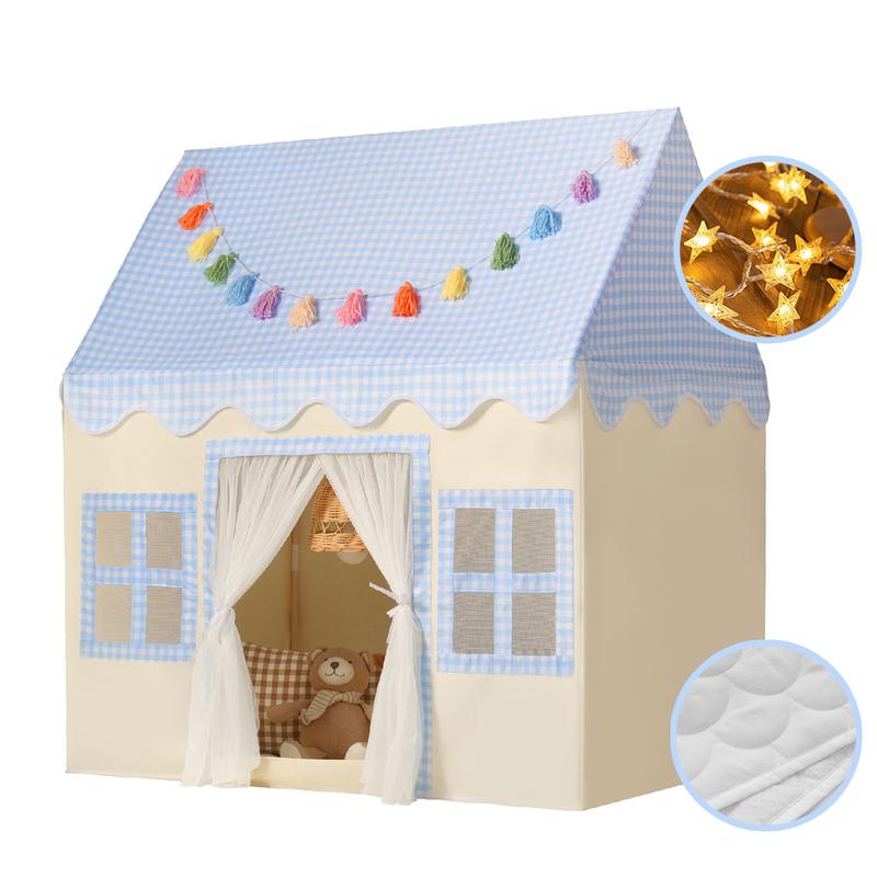 Sumbababy Princess Tent Castle House for Girl with Blue Checkered, Mat, Colorful Hangings, Star Lights Princess Kid Toy Gift Indoor Outdoor Game