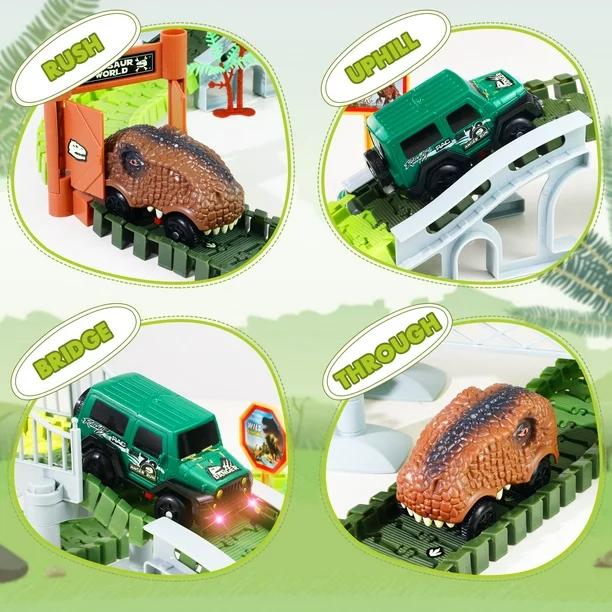 215 Pcs Glow-in-the-Dark Dinosaur Park Jurassic Race Track Train Playset Toys for Kids Car 215 PCS Road Toys for Boys,Girls,Best Toys Gift