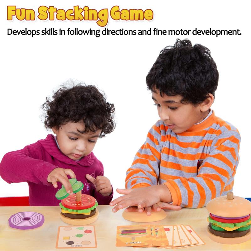 Aizweb Montessori Toys - Wooden Burger Stacking Toys Educational Toys, Fine Motor Skill Toy, Blocks Learning Wooden Magnetic early education