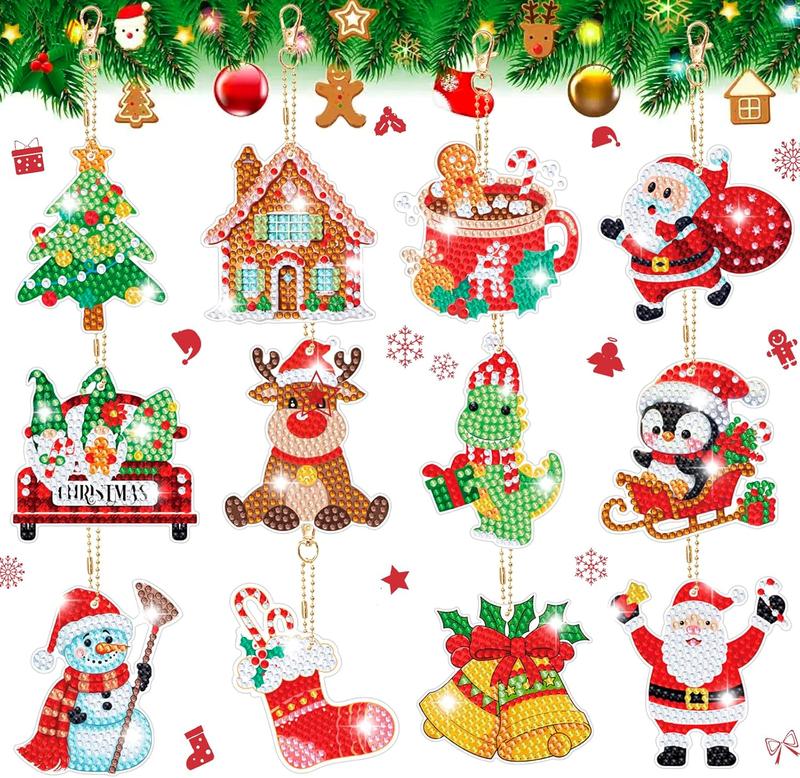 12 Pieces Christmas Diamond Art Keychains Kits for Kids - Christmas Crafts for Adults - Arts and Crafts for Kid Girls Ages 4 6 8 10 12 - Make Your Own Diamond Ornaments Painting Gift for Family Decor