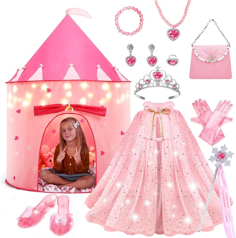 Christmas 15Pcs Princess Castle Play Tent Dress Up with LED Glow in The Dark Stars for Little Girls－Princess Dress Up Cape with Crown,Girl Play Tent House Toy for Indoor & Outdoor Use