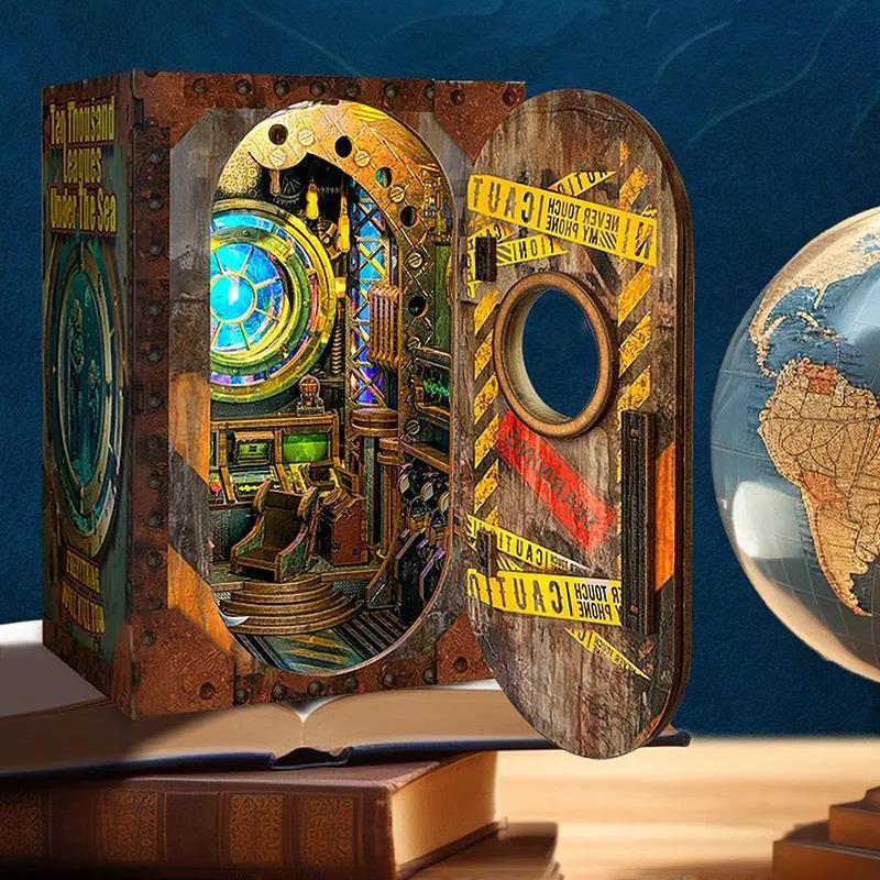 DIY Wooden Book Nook Kit, 3D Puzzle Book Nook Kit with LED Light, Book Nook Assembly Kit, Bookshelf Insert Decoration, Mini House Kit