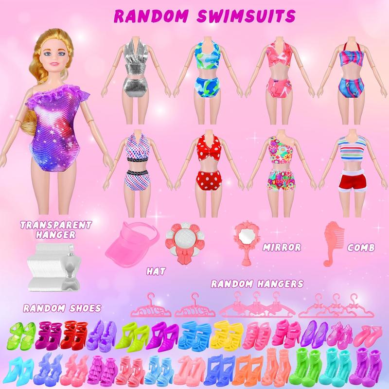 Christmas 76 Pcs Doll Clothes and Accessories with Doll, Princess Gowns, Fashion Dresses, Slip Dresses, Top, Pants, Jumpsuit, Swimsuits, Shoes, Hangers, Doll Dress up Toys for Girls Kids Toddlers Toy Gifts