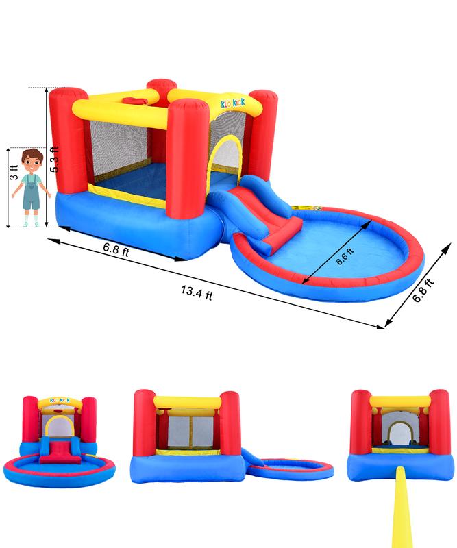 Klo Kick Inflatable Bounce House with Blower for Kids 3-5 y o, Bouncy Castle w Waterslide & Pool for Wet Dry Combo- Red