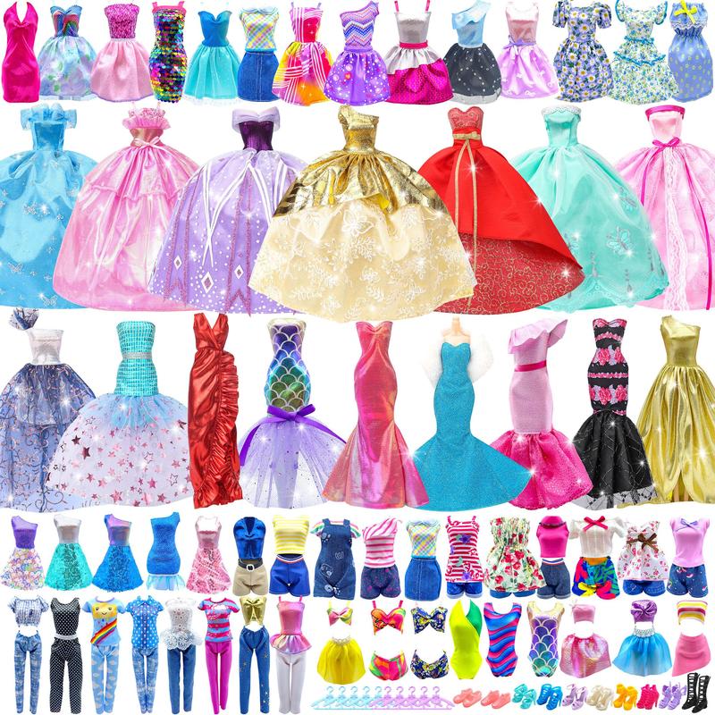 Random Color Doll Clothes & Accessories Set (50pcs set), 20 Outfits for Daily Life, Parties, and Swimming, 30pcs Doll Accessories, Birthday Gift for Girl