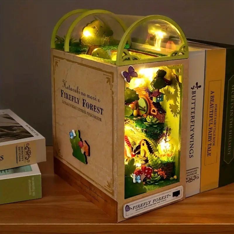 Firefly Forest Design 3D Wooden Book Stand Puzzle, 1 Set DIY Mini House Wood Bookend, DIY Miniature House Bookends Model Building Kit with LED Light, Bookshelf Insert Decor Wooden Bookend Craft Kit, Stocking Fillers Gift