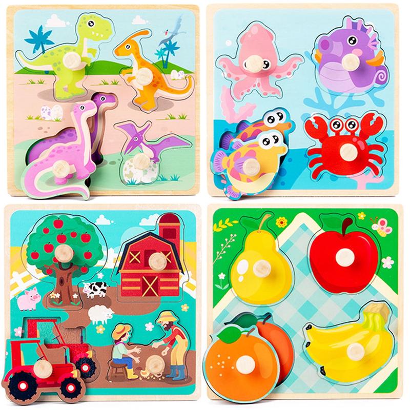 Montessori Toy, Puzzles Kit for Kids, Wooden Peg Puzzles 4 Pcs Montessori Educational Learning Puzzles Set - Dinosaur, Farm, Sea Animal and Fruit, Gift for Kids