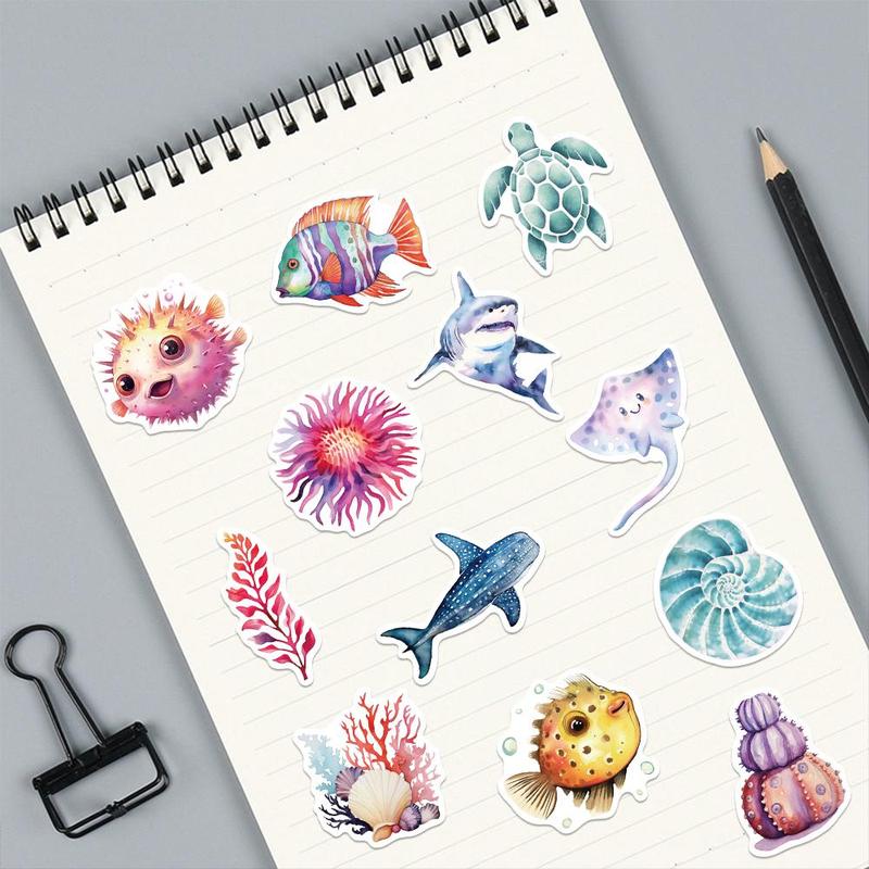 Sea Life Pattern Sticker (100pcs set), Watercolor Marine Life Decorative Sticker, Cartoon Sticker for Phone Case, Notebook, Handbook, DIY Decorative Sticker