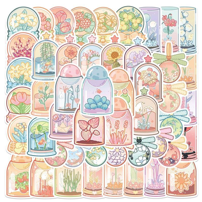 Cartoon Flower Bottle Series Sticker, 50pcs Waterproof Decorative Sticker, DIY Decal For Water Bottle, Laptop, Phone Case, Scrapbooking, Journal Making, DIY Spring Decor Ideas