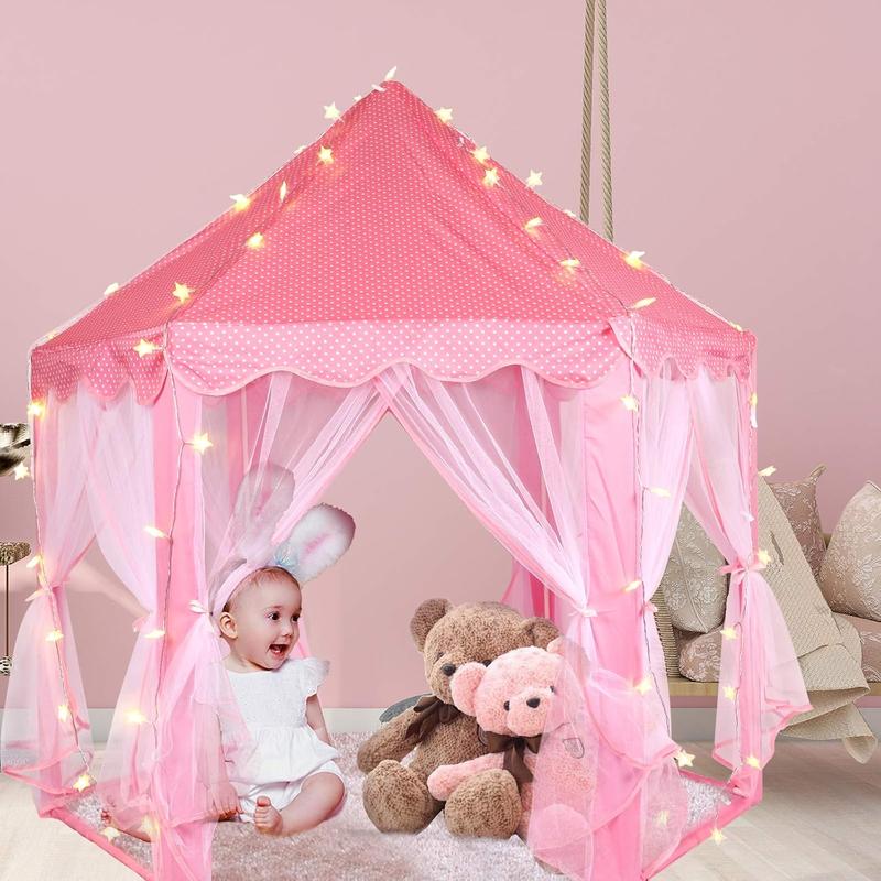 Halloween Gift for Kids Princess Tent with LED Star Lights,Kids Castle Play Tent for Girls,Large Playhouse Girl Toy Gifts Age 3+,55.5