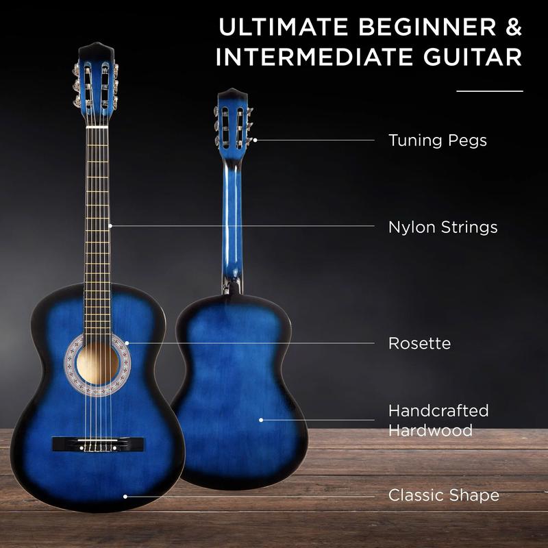 38in Beginner Acoustic Guitar Starter Kit w  Gig Bag, Strap, Strings - Light Blue, Dark Brown, Black, Blue - YOUTH MUSIC