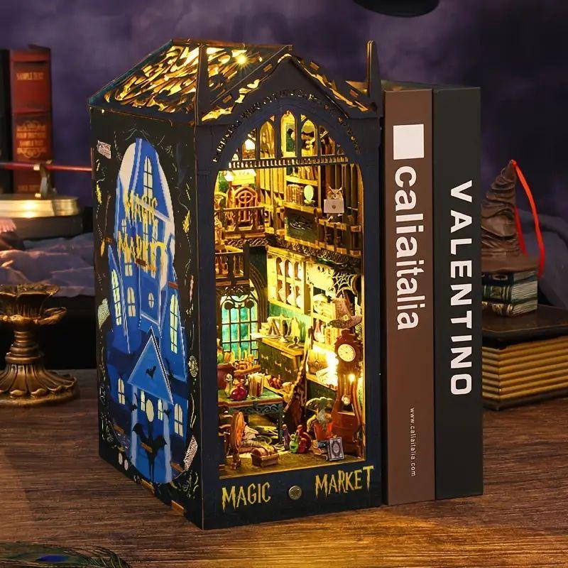 1 Box DIY Book Nook Kits for Adults, 3D Wooden Puzzle Bookend DIY Craft Kits with LED Lights, Craft Supplies for Home Decor, Stocking Fillers Gift