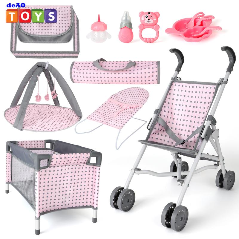 deAO Doll Stroller Crib Bed Nursery Role Play Set with Accessories and Play Mat,Travel Cot,Bouncer,Foldable Stroller and Travel Bag Gifts