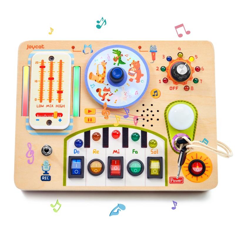 JoyCat Busy Board with Led Light, Montessori Toys for Boys and Girls, Wooden Sensory Toys with Music, Light Switch Board, Travel Toys