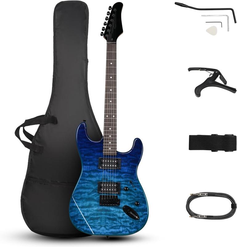 Ktaxon 39 Inch Electric Guitar, Full Size Solid Body H-H Pickups 6 Strings Beginner Guitar Kit With Upgrade Cable & Guitar Capo, Tremolo Arm, Gig Bag & Strap (Ocean Blue)