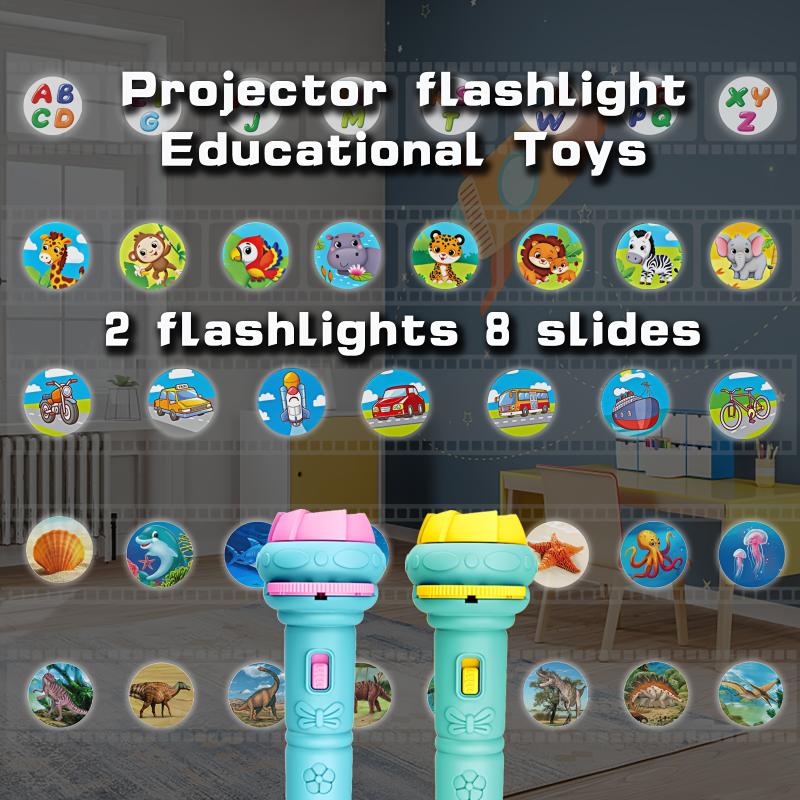 2pcs 2-Pack Kids Projection Flashlights with 64 Patterns, Educational Dinosaur, Space, Vehicle Toys for Bedtime Fun and Learning