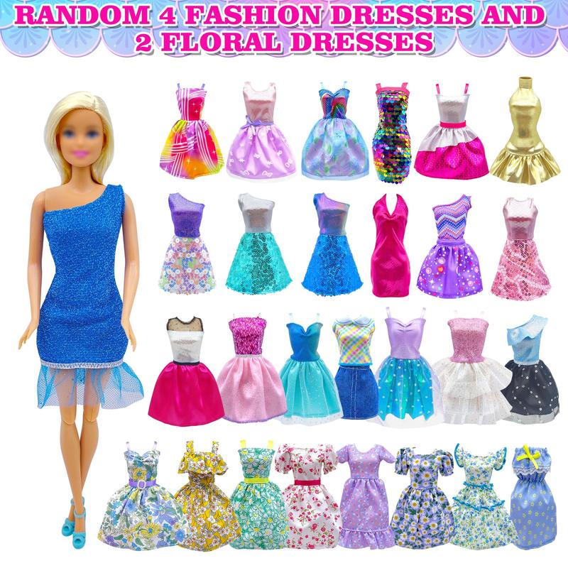 Random Color Doll Clothes & Accessories Set (50pcs set), 20 Outfits for Daily Life, Parties, and Swimming, 30pcs Doll Accessories, Birthday Gift for Girl