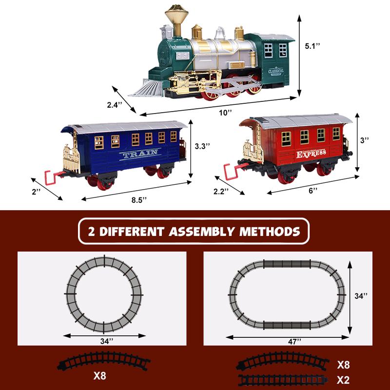 Wesprex Electric Train Set for Kids w Headlight, Realistic Sound, Battery-Operated Toy Train, 1 Locomotive, 2 Compartments, 10 Railway Tracks, Gift for Boys Girls Age 4 5 6 7 - Classic w Smoke