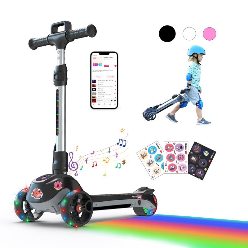 iScooter iK2 Electric Scooter for Kids Ages 3-8, Bluetooth Music Speaker, LED Light Wheels, Thumb Accelerator, 3 Adjustable Height Toddler Motorized Scooters, Foldable Scooter for Girls Boys