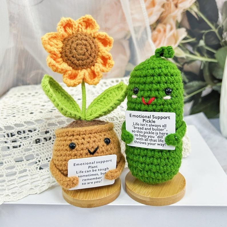 2PCS Gift Set Handmade Crochet Pickle with Warmming Sunflower-Emotional Support Pickle-Emotional Support Plant-Caring Gift-Mother's Day Gift