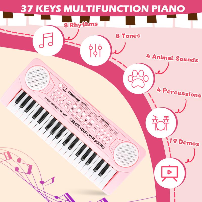 M SANMERSEN Keyboard Piano for Kids 37 Keys Music Piano with Microphone Portable Musical Toy Electronic Piano Birthday Gifts for Girls Ages 3 4 5 6