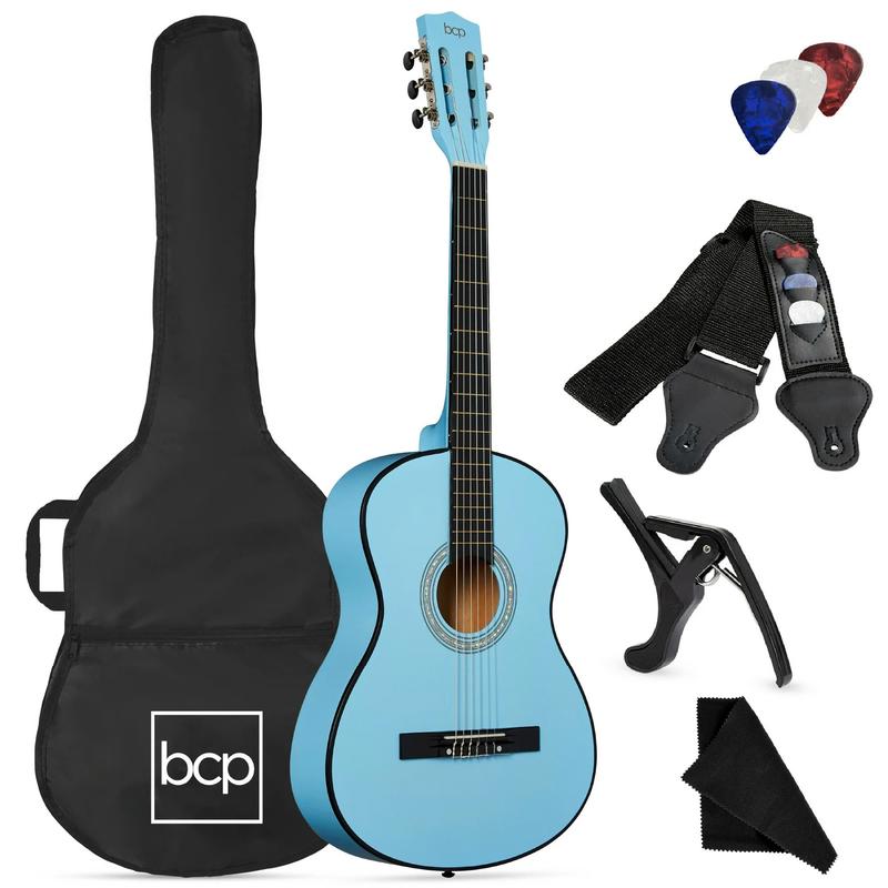 38in Beginner Acoustic Guitar Starter Kit w  Gig Bag, Strap, Strings - Light Blue, Dark Brown, Black, Blue - YOUTH MUSIC