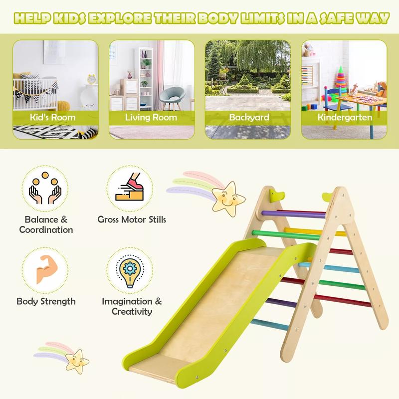 Kids Triangle Climber with Slide, 2-in-1 Wooden Climber Set with Safety Handrail, Height Adjustable Ladder for Climbing & Sliding, Indoor & Outdoor Playground Climber Ladder Set for Boys & Girls