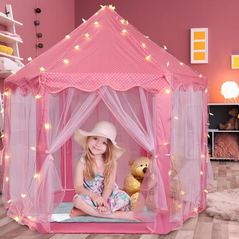 Halloween Gift for Kids Princess Tent with LED Star Lights,Kids Castle Play Tent for Girls,Large Playhouse Girl Toy Gifts Age 3+,55.5