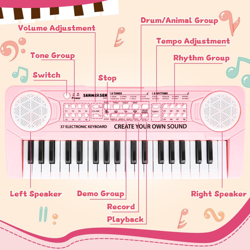 M SANMERSEN Keyboard Piano for Kids 37 Keys Music Piano with Microphone Portable Musical Toy Electronic Piano Birthday Gifts for Girls Ages 3 4 5 6