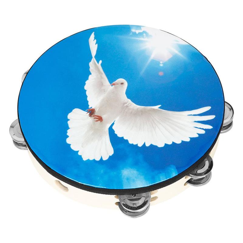 6 8 10 Inch Double Row Stainless Steel Bells Wooden Frame Tambourine Hand Drum, 1 Count Peace Dove Pattern Drumhead, Music Accompaniment Drum