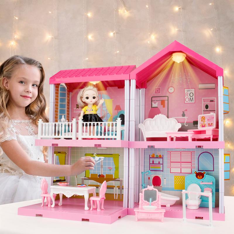 Dollhouse Building Toys, Princess Doll House, Playset with Lights, Furniture, Accessories and Dolls, Cottage Pretend Doll House Set, Creative Present for Girls Toddlers (4 Rooms)