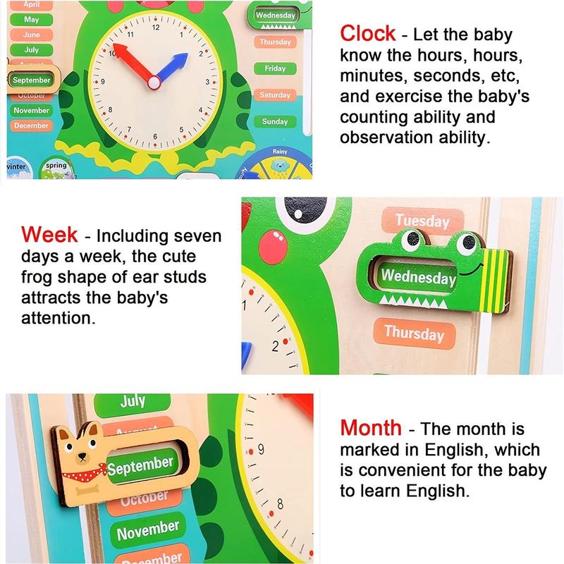 Wooden Frog Design Clock Toy, 1 Set Cute Clock Design Learning Toy, Time Learning Tools, Interesting Gifts for Learners