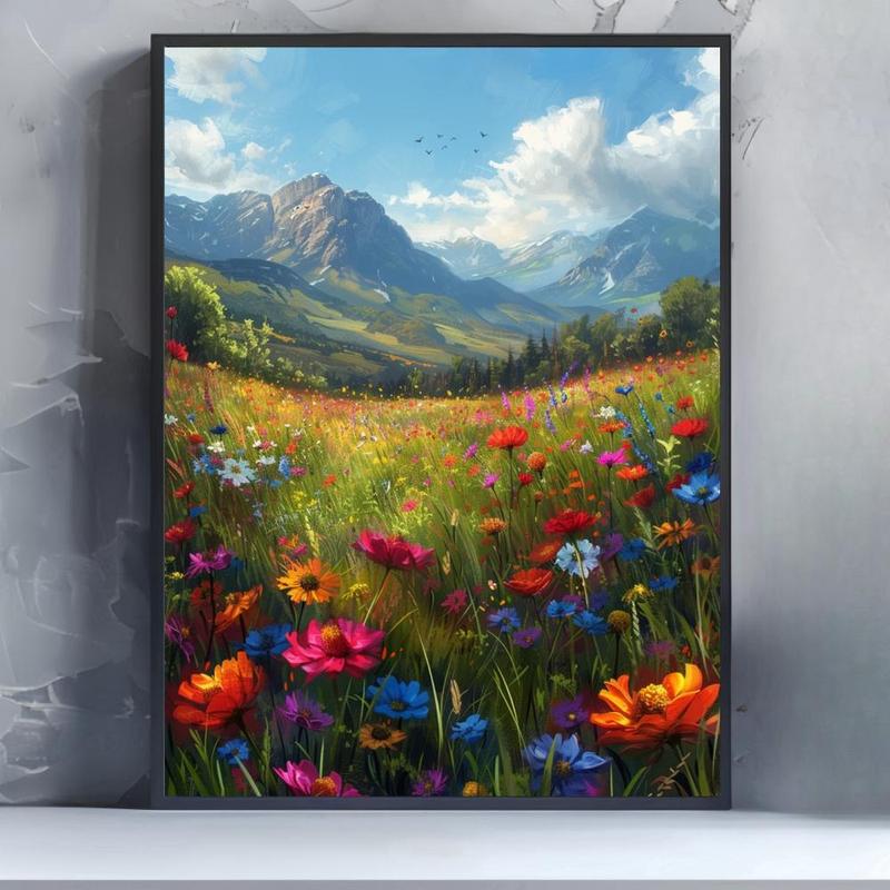 Valley & Flower Meadow Pattern DIY Diamond Arts Colorful Painting without Frame, 5D Diamond Arts Colorful Painting Kit, Wall Art Decor for Living Room Bedroom