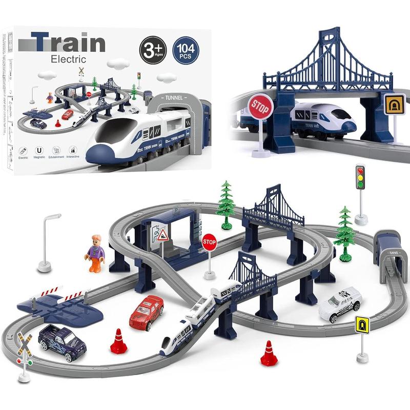 Train Sets for Boys 4-7, 66 Pcs Battery Operated Train Set with Tracks(Magnetic Connection), Compatible with Thomas, Brio, Chuggington, Gifts for 3 4 5 6 Years Old (Fire Engines)