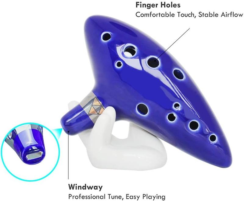 Ocarina Instrument with Neck Strap Cord and Song Book, 12 Hole Alto C Ocarinas With Gift Box, Hand-shape Display Stand and Black Protective Bag