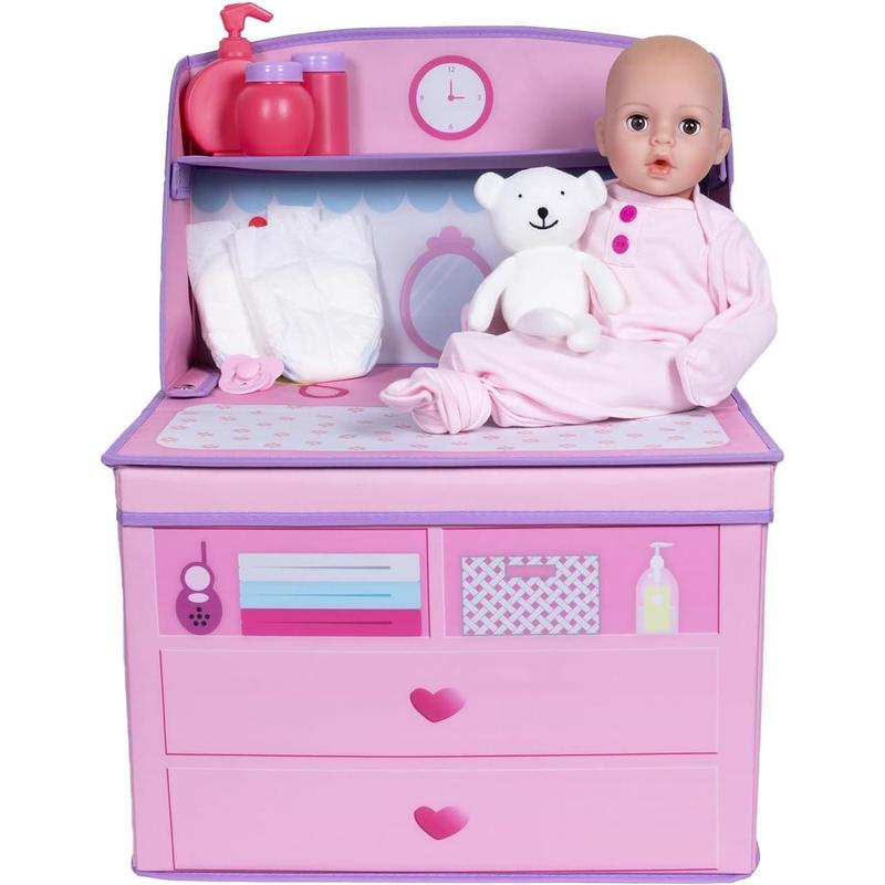 ADORA Realistic Perfectly Pink Baby Doll Set with Deluxe Changing Table and 10-Piece Doll Accessories; Pink Storage Box, 2 Baby Doll Diapers, Baby Powder Bottle, Pacifier Birthday Gift for Ages 3+