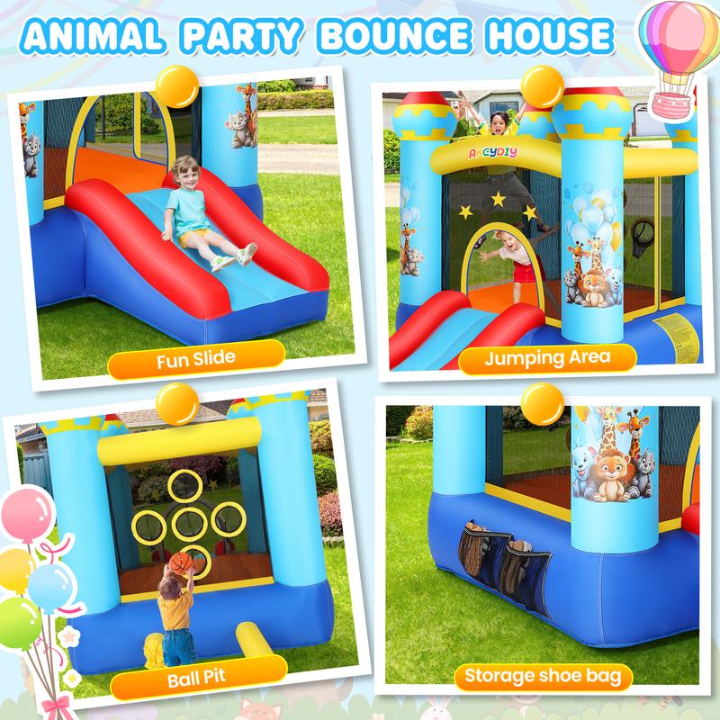 AKEYDIY Bounce House, Outdoor Indoor Fun Bouncy House with Blower, Tropical Jungle Animals Party Bouncer Slide & Jumping Area, Ball Toss Game, Backyard Inflatable Bounce House Gift for Kids 4-8