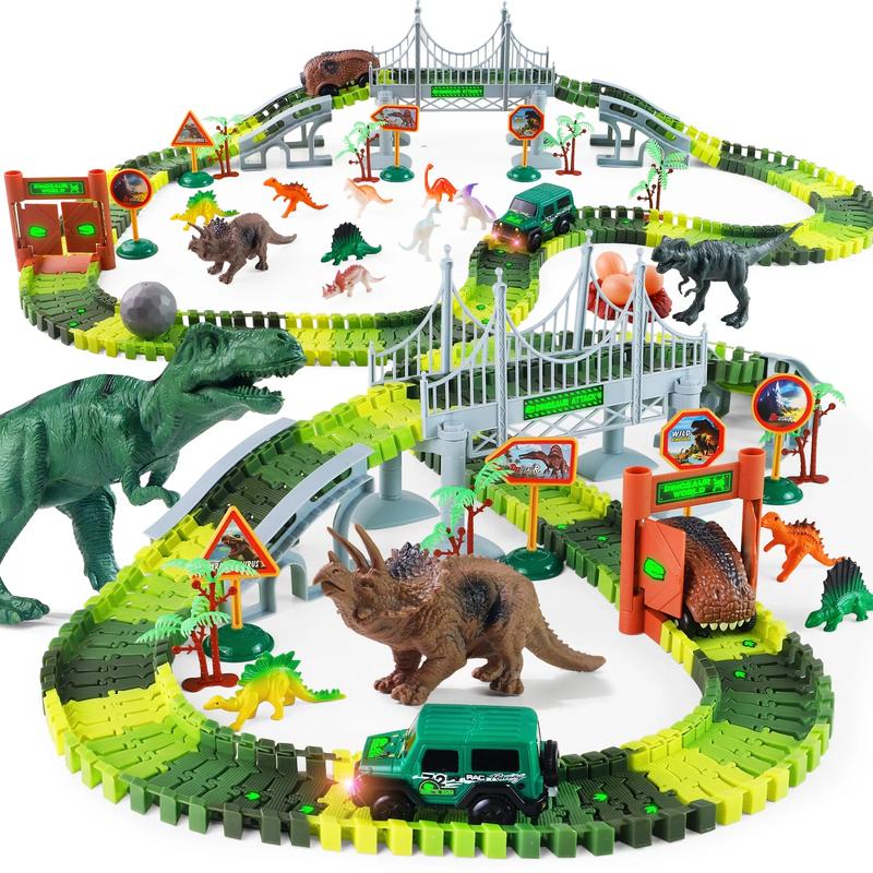 215 Pcs Glow-in-the-Dark Dinosaur Park Jurassic Race Track Train Playset Toys for Kids Car 215 PCS Road Toys for Boys,Girls,Best Toys Gift