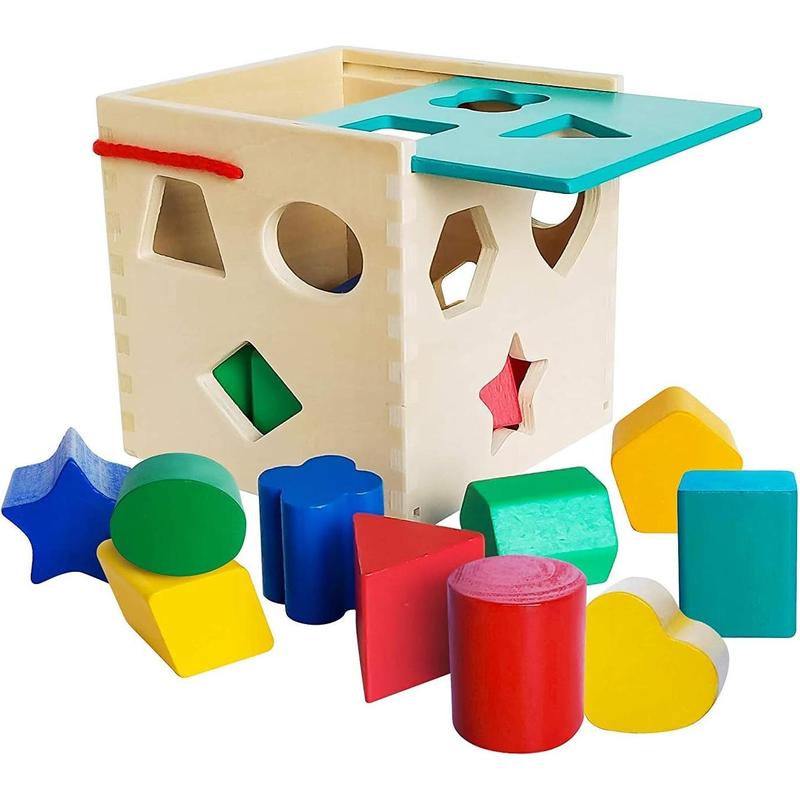 Premium Wooden Shape Sorter Toy with Sliding Lid & Carrying Strap 12 Color Solid Wood Geometric Shape Puzzle Pieces - Classic Developmental Toy for Preschool Toddlers 1 2 & 3 Year Olds