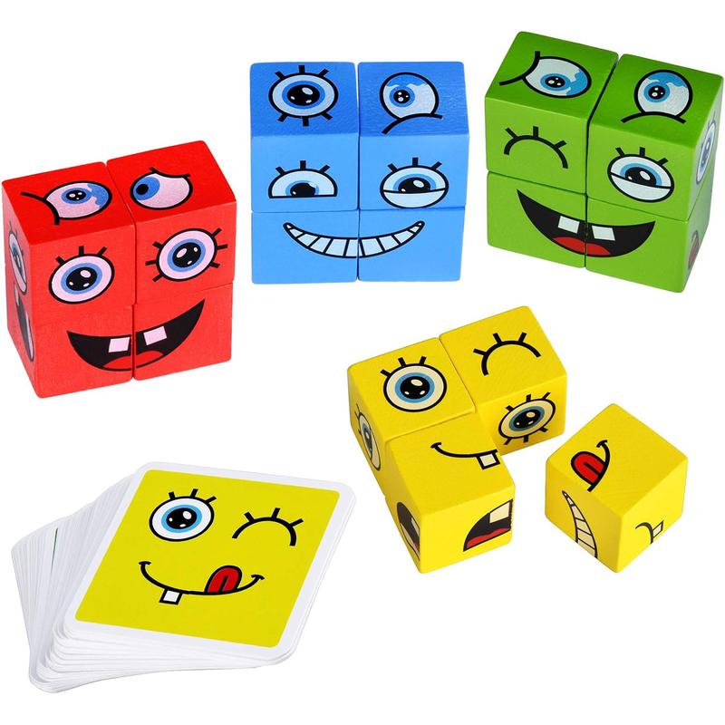 Wooden Face Expresssion Game, Wooden Face Game, Face-Changing Cube Building Blocks Wooden Expressions Matching Block Puzzle Games  Board Games