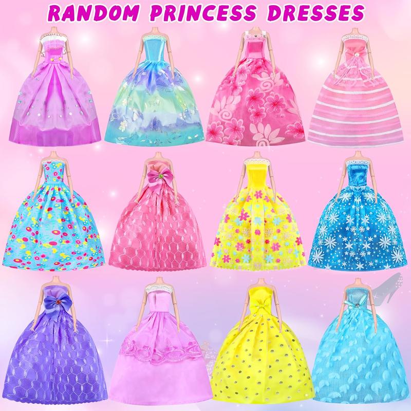 Christmas 76 Pcs Doll Clothes and Accessories with Doll, Princess Gowns, Fashion Dresses, Slip Dresses, Top, Pants, Jumpsuit, Swimsuits, Shoes, Hangers, Doll Dress up Toys for Girls Kids Toddlers Toy Gifts