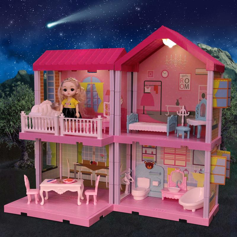 Dollhouse Building Toys, Princess Doll House, Playset with Lights, Furniture, Accessories and Dolls, Cottage Pretend Doll House Set, Creative Present for Girls Toddlers (4 Rooms)